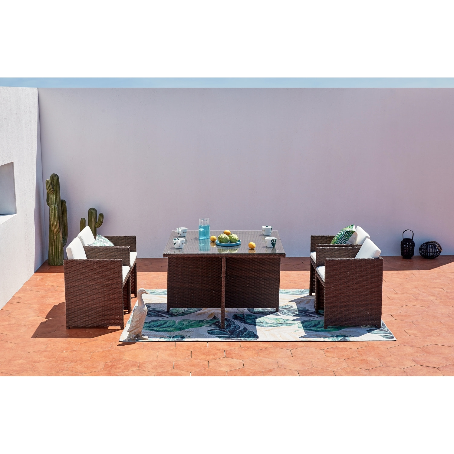 Table et chaises 4 places encastrables résine marron-blanc REGINA