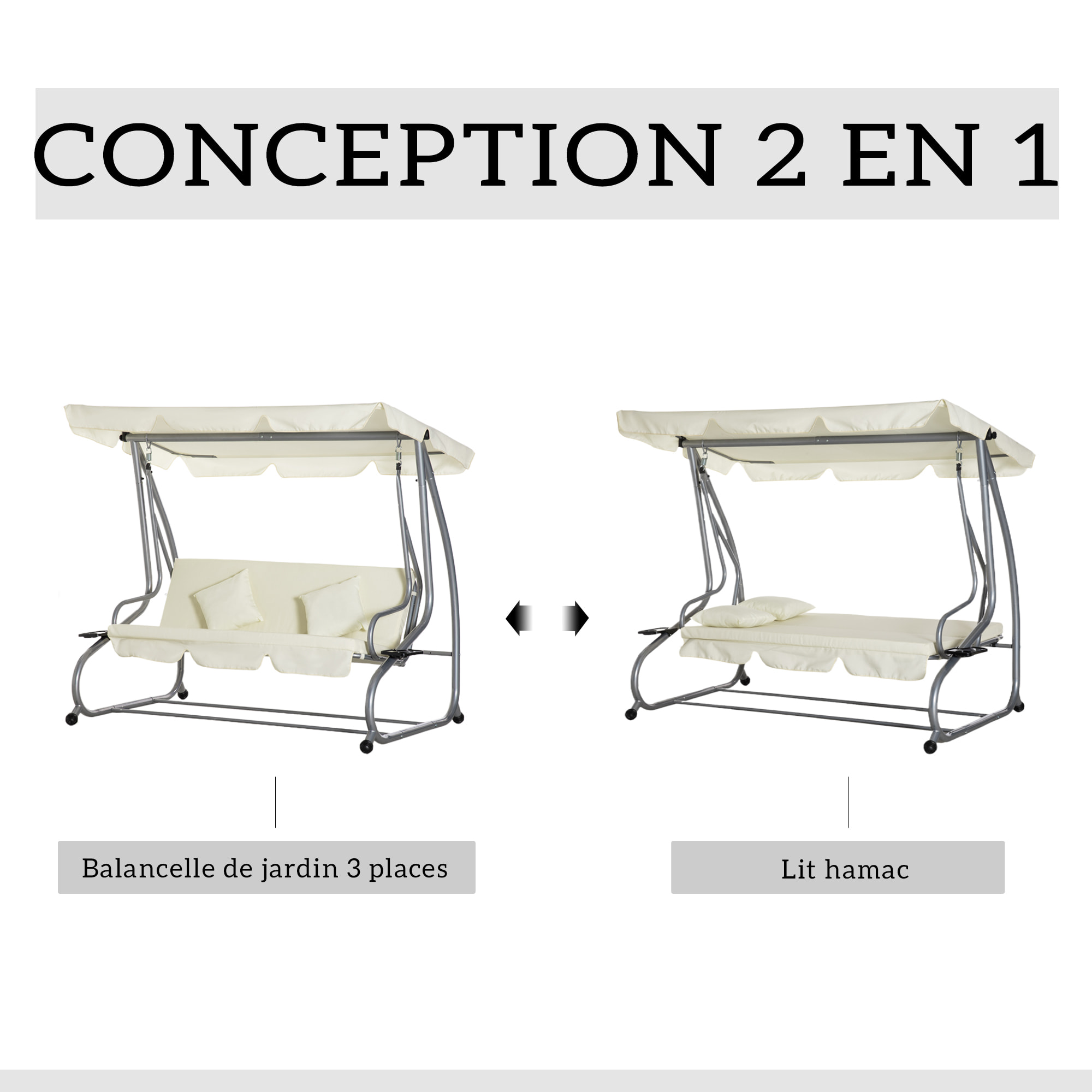Balancelle de jardin 3 places convertible toit inclinaison réglable 2 tablettes support acier époxy gris polyester crème