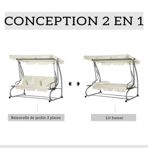 Balancelle de jardin 3 places convertible toit inclinaison réglable 2 tablettes support acier époxy gris polyester crème