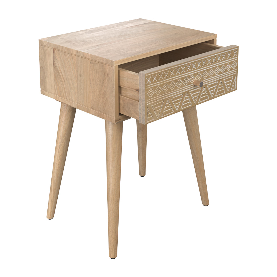 Table de chevet en bois de manguier gravé 1 tiroir - Tiny