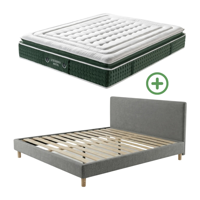 Ensemble matelas Jade & lit fixe Colisée | Mémoire de forme et ressorts ensachés | cadre à lattes | Tissu | Gris clair