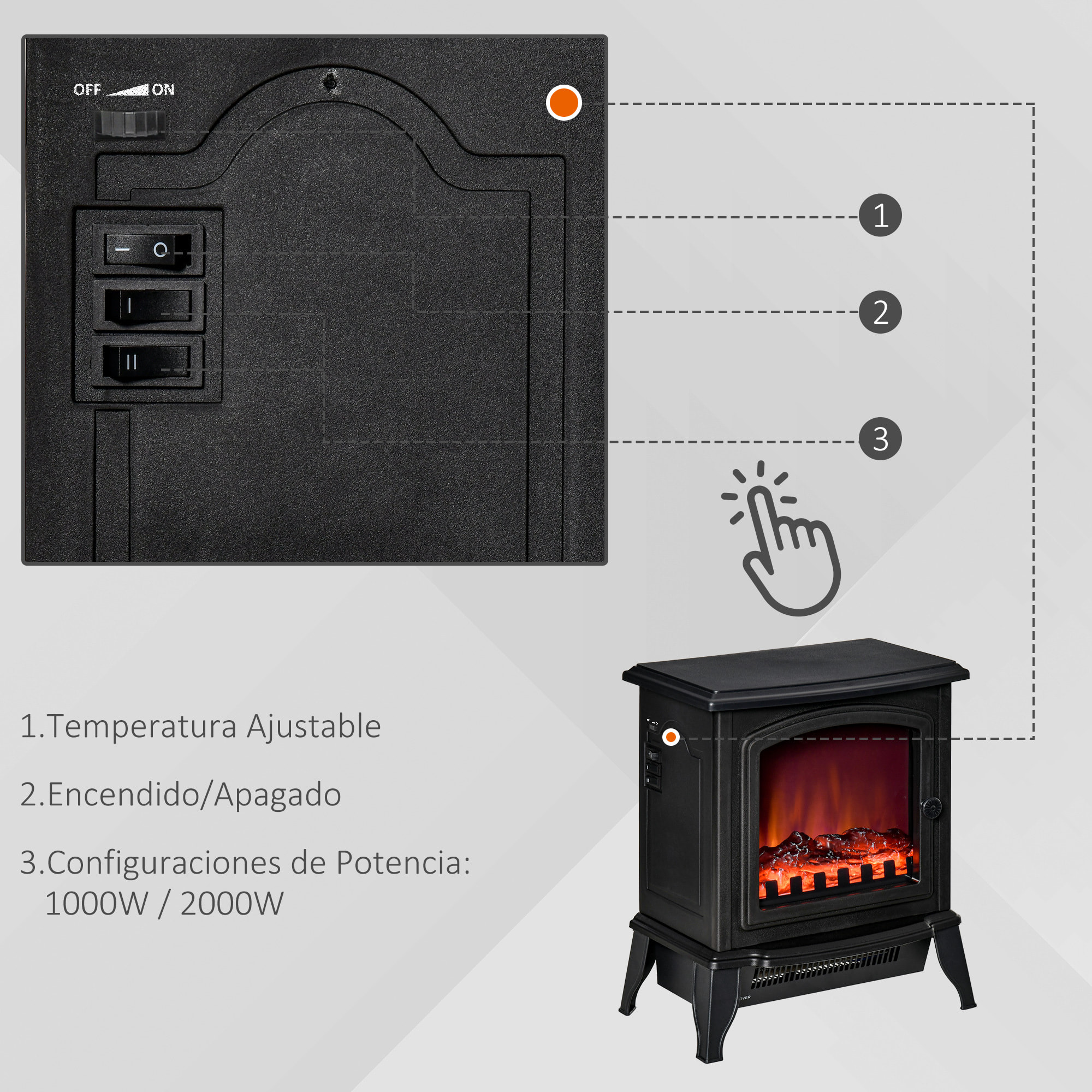 Chimenea Eléctrica Portátil 1000/2000W con Llama Simulada Termostato Ajustable y Protección Sobrecalentamiento para Salas de hasta 25 m² 36,5x24x45,5 cm Negro