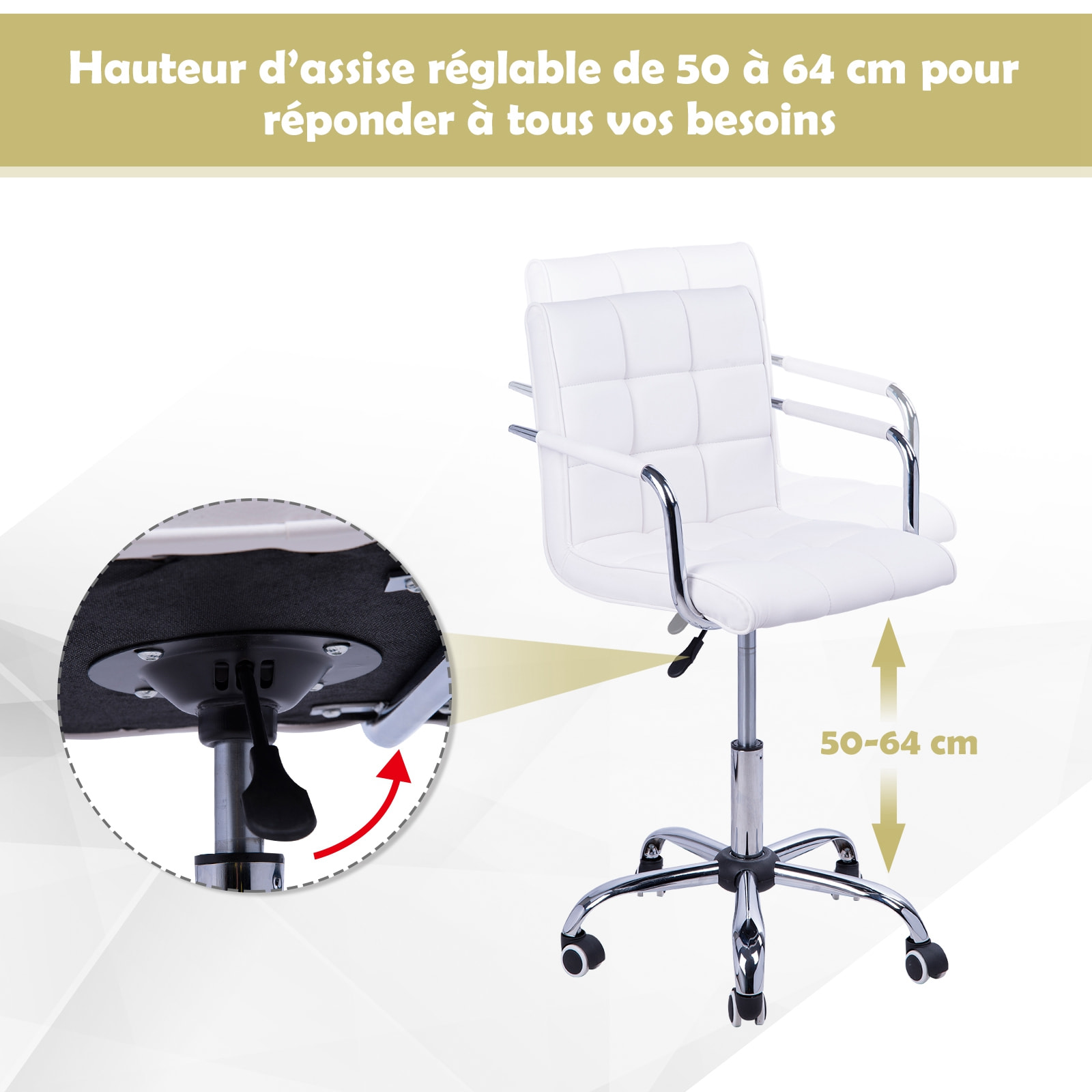 Chaise de bureau fauteuil manager pivotant hauteur réglable revêtement synthétique capitonné blanc