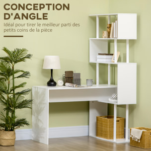 Bureau informatique design contemporain avec bibliothèque zig zag 4 étagères panneaux particules blanc