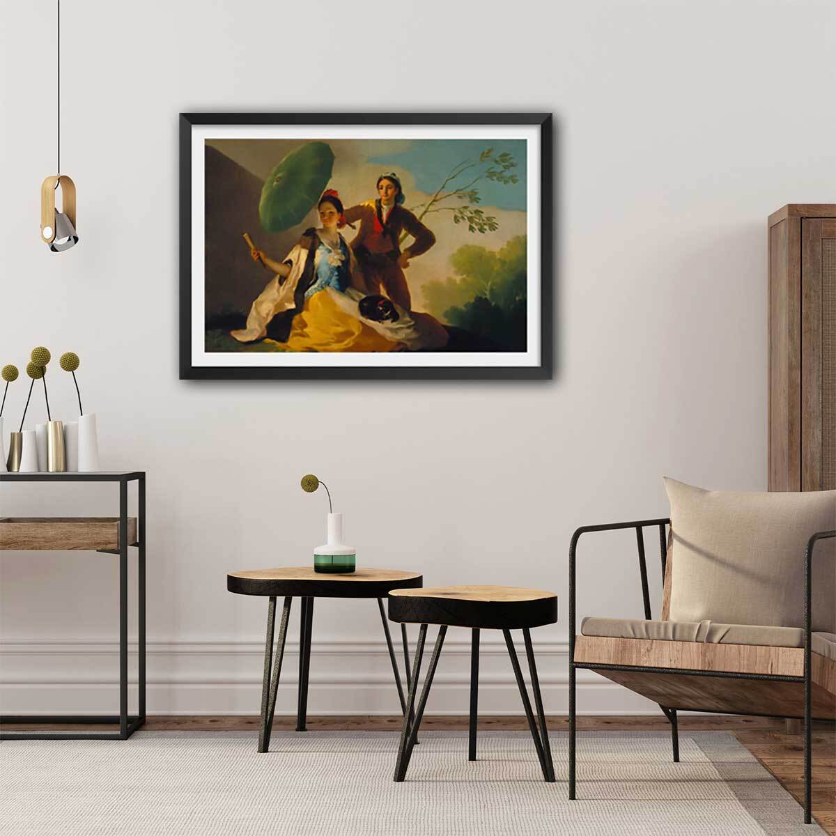 Poster Le Parasol - Francisco José de Goya Affiche + cadre en bois - Noir