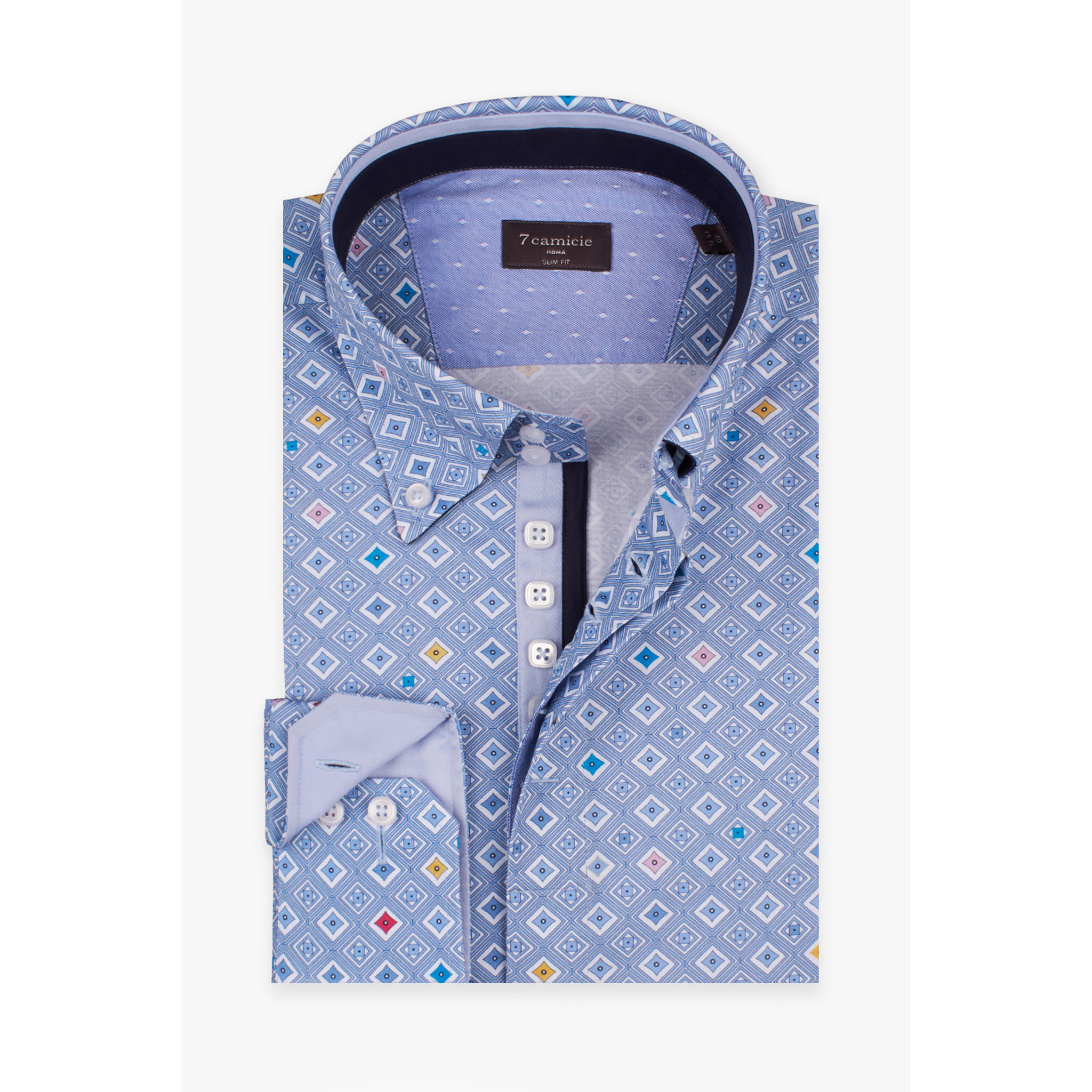 Camicia Uomo 2 Bottoni Button Down Slim Popeline Stampato Celeste/Bianco
