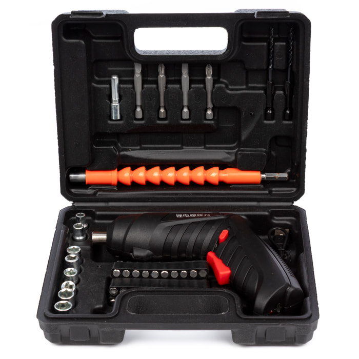 Destornillador eléctrico inalámbrico 3,5 NM y 3.6V, con caja de herramientas de 47 accesorios.