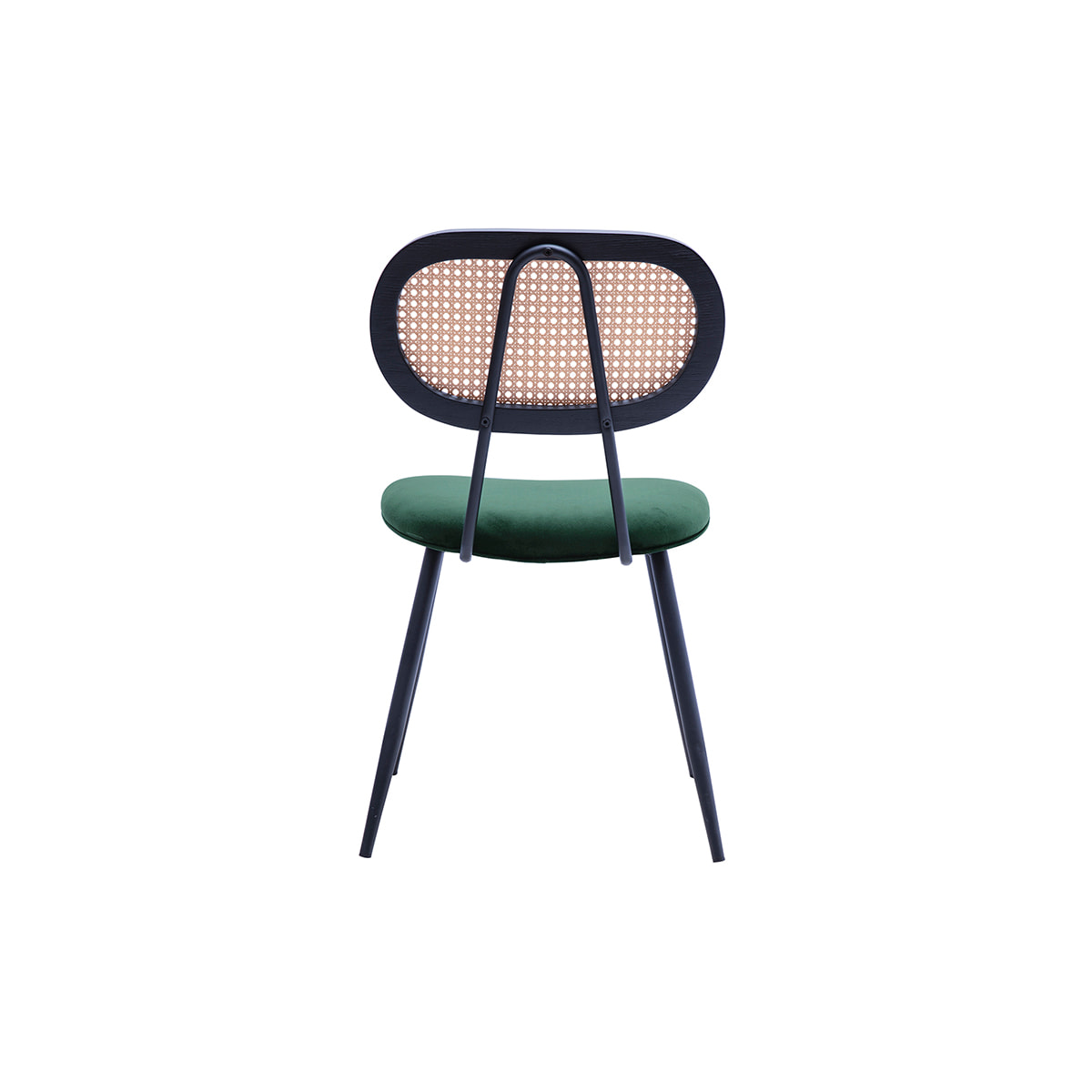 Chaises design en tissu velours vert foncé, métal noir et cannage rotin (lot de 2) SWANN