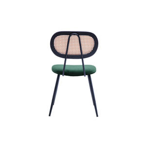 Chaises design en tissu velours vert foncé, métal noir et cannage rotin (lot de 2) SWANN