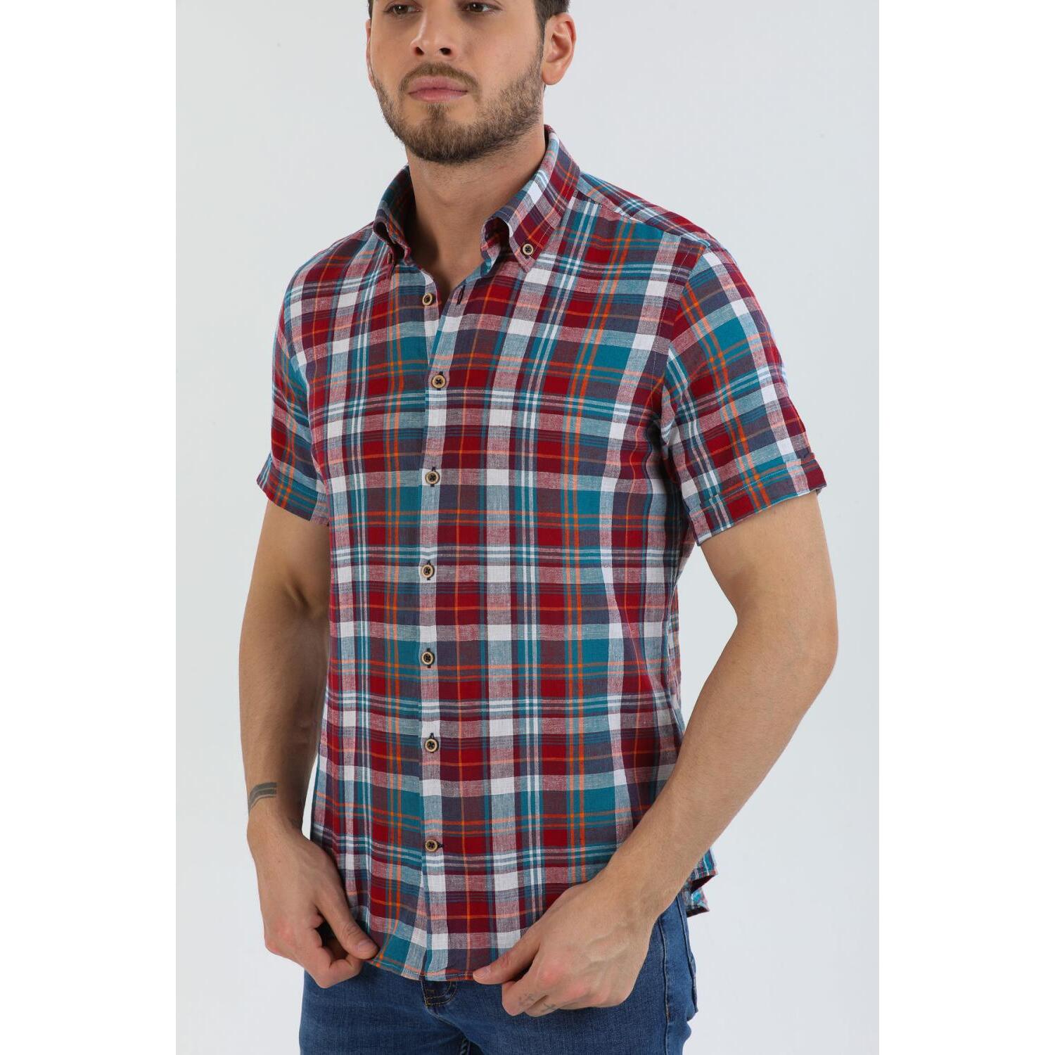 Camicia Uomo 1 Bottone Button Down Manica Corta Slim Lino Quadro Grande Rosso Verde Ottanio