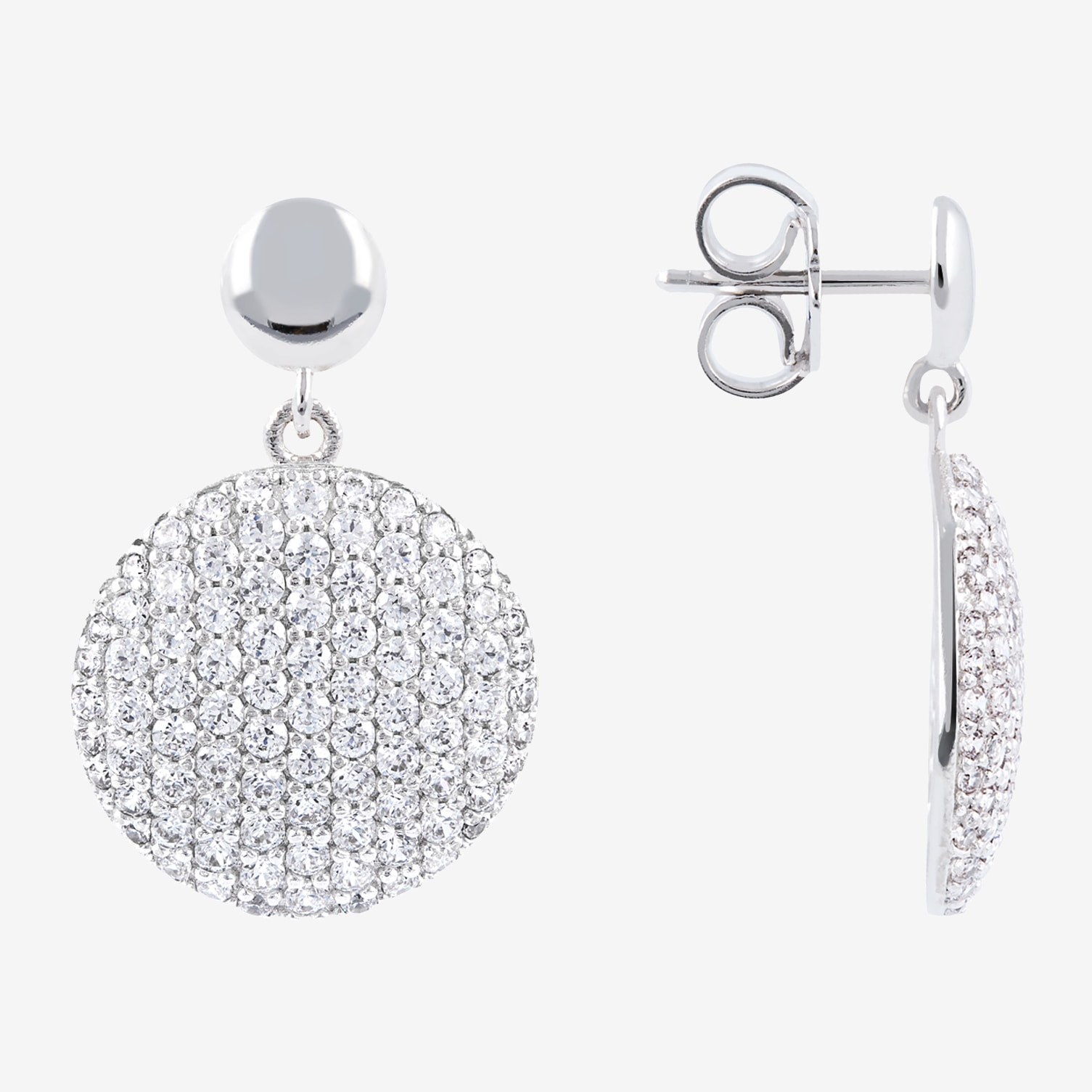 Orecchini Pendenti con Tondo Pavé in Cubic Zirconia in Argento 925 placcato Platino