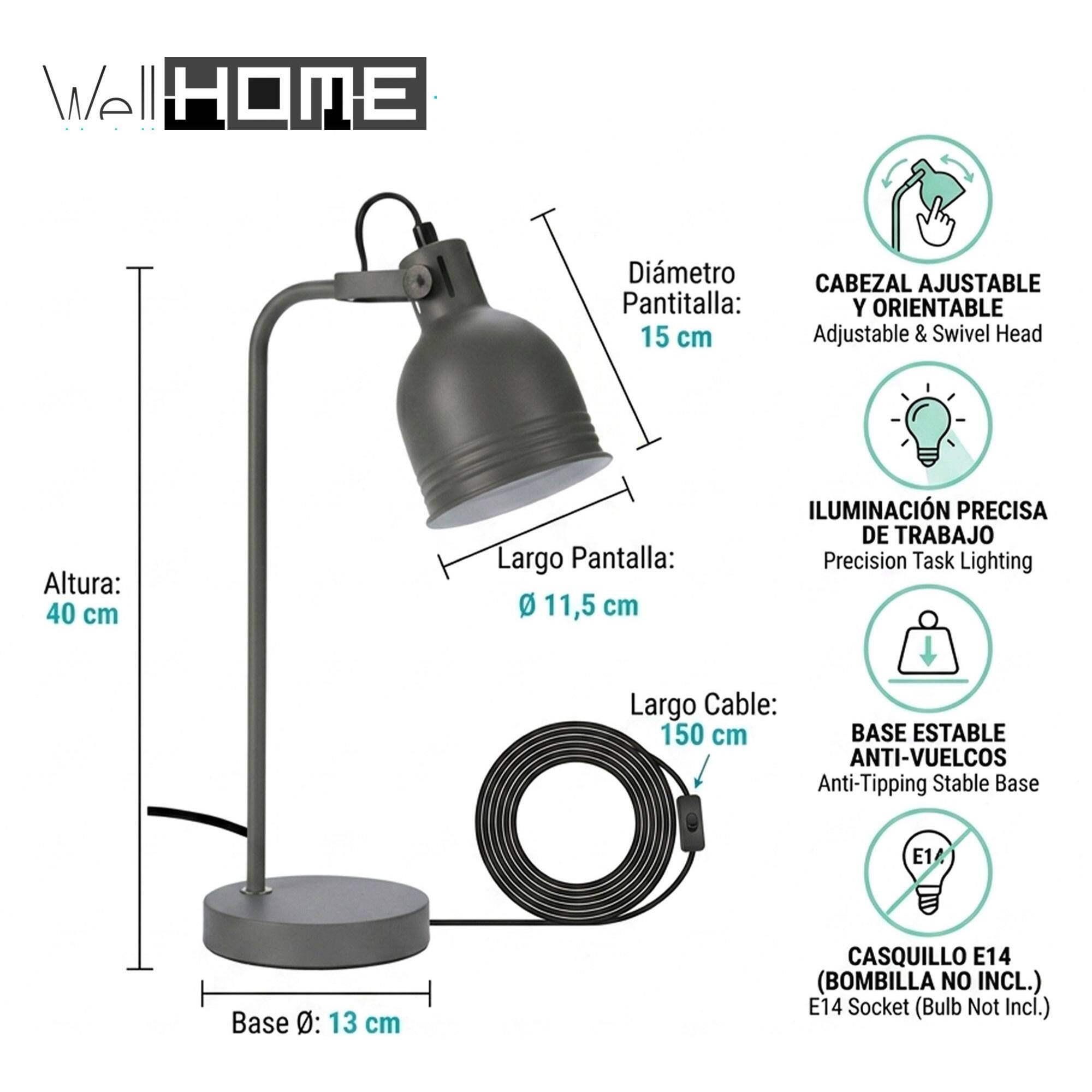 Lámpara de mesa metálica Gris 13x40cm de diseño industrial con pantalla orientable