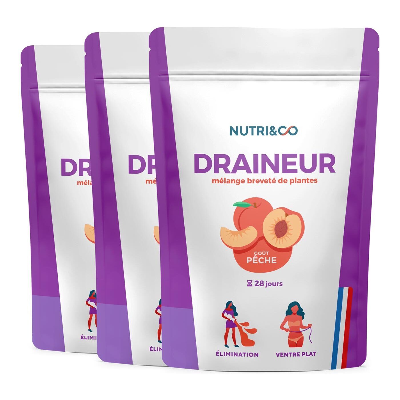Draineur Rétention d’Eau aux Extraits de Plantes Breveté - Goût Pêche 100g Vegan - Lot de 3