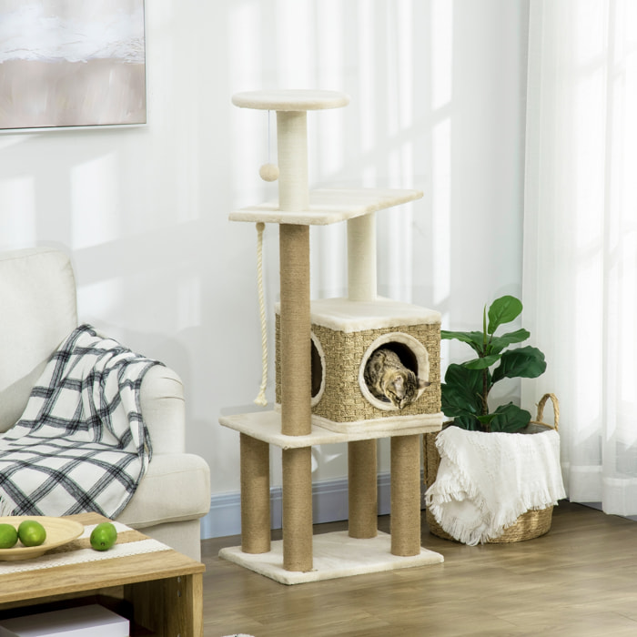 Arbre à chat style cosy chic griffoirs sisal naturel niche plateformes corde jeu boule peluche courte cordes d'algues tressées