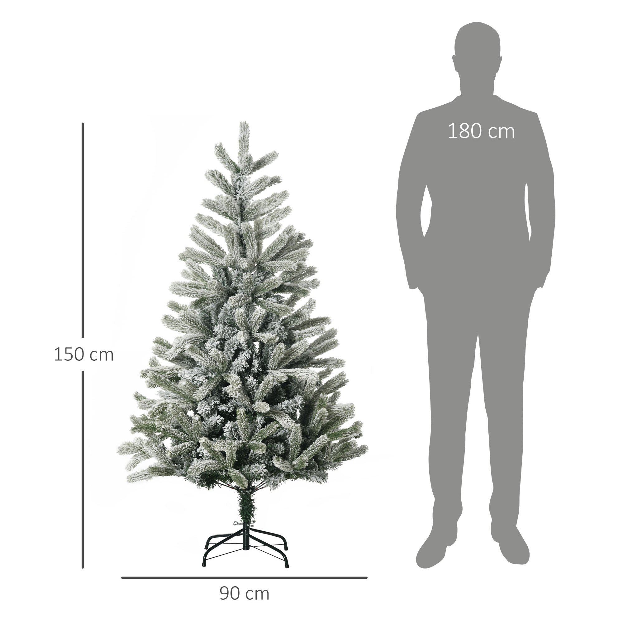 HOMCOM Árbol de Navidad Nevado Artificial 150 cm con 521 Ramas PVC y PE Base Plegable y Soporte de Metal Decoración Navideña para Interiores Ø90x150 cm Verde y Blanco