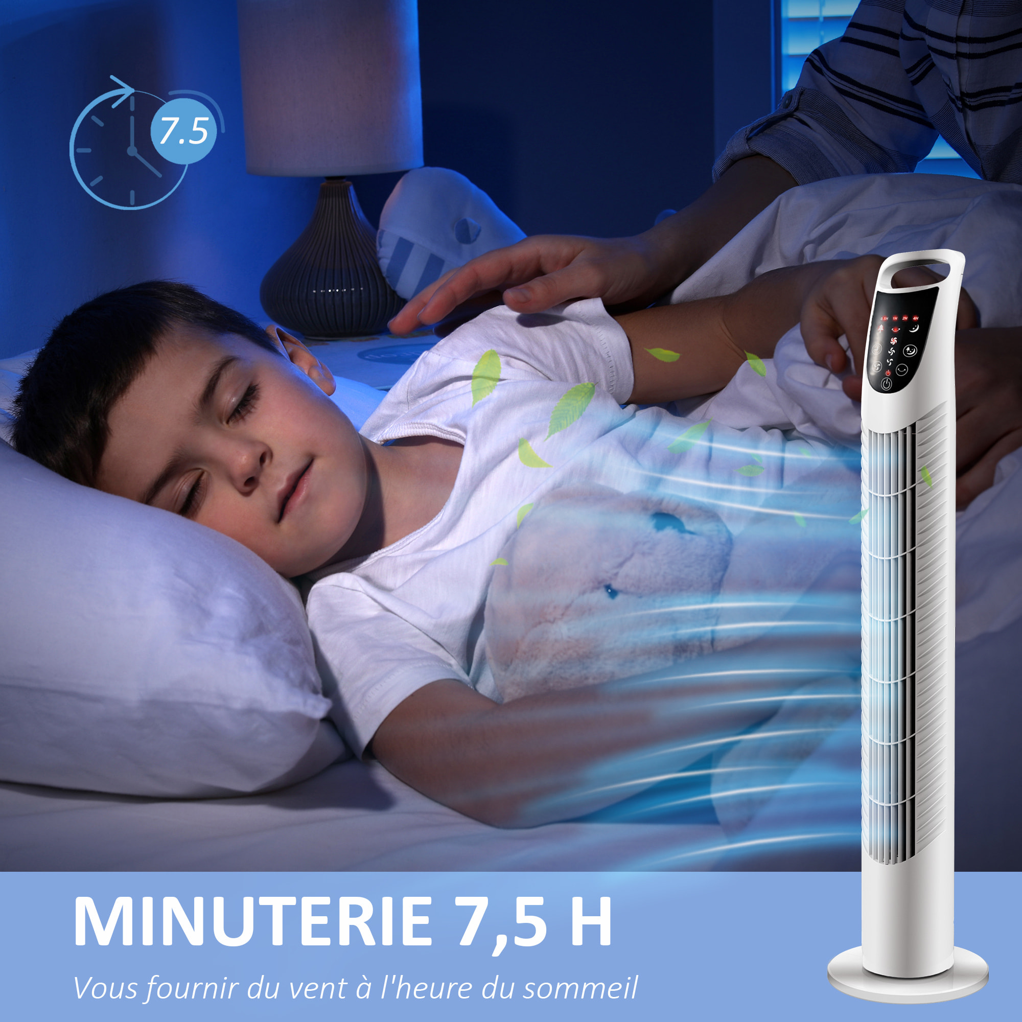 Ventilateur colonne tour oscillant silencieux 40 W télécommande panneau contrôle tactile 3 vitesses Ø 18 x 78H cm blanc