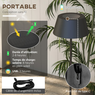 Lampadaire extérieur solaire LED sans fil rechargeable USB réglable alu ABS noir