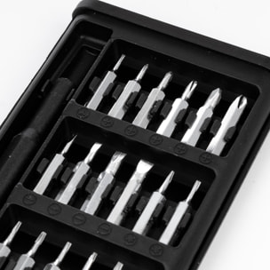 Juego de destornillador 24 en 1 con cuerpo plástico, carcasa con apertura por deslizamiento y puntas de acero.