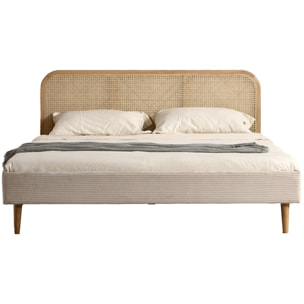 Lit en velours côtelé avec tête de lit en cannage - DALIA