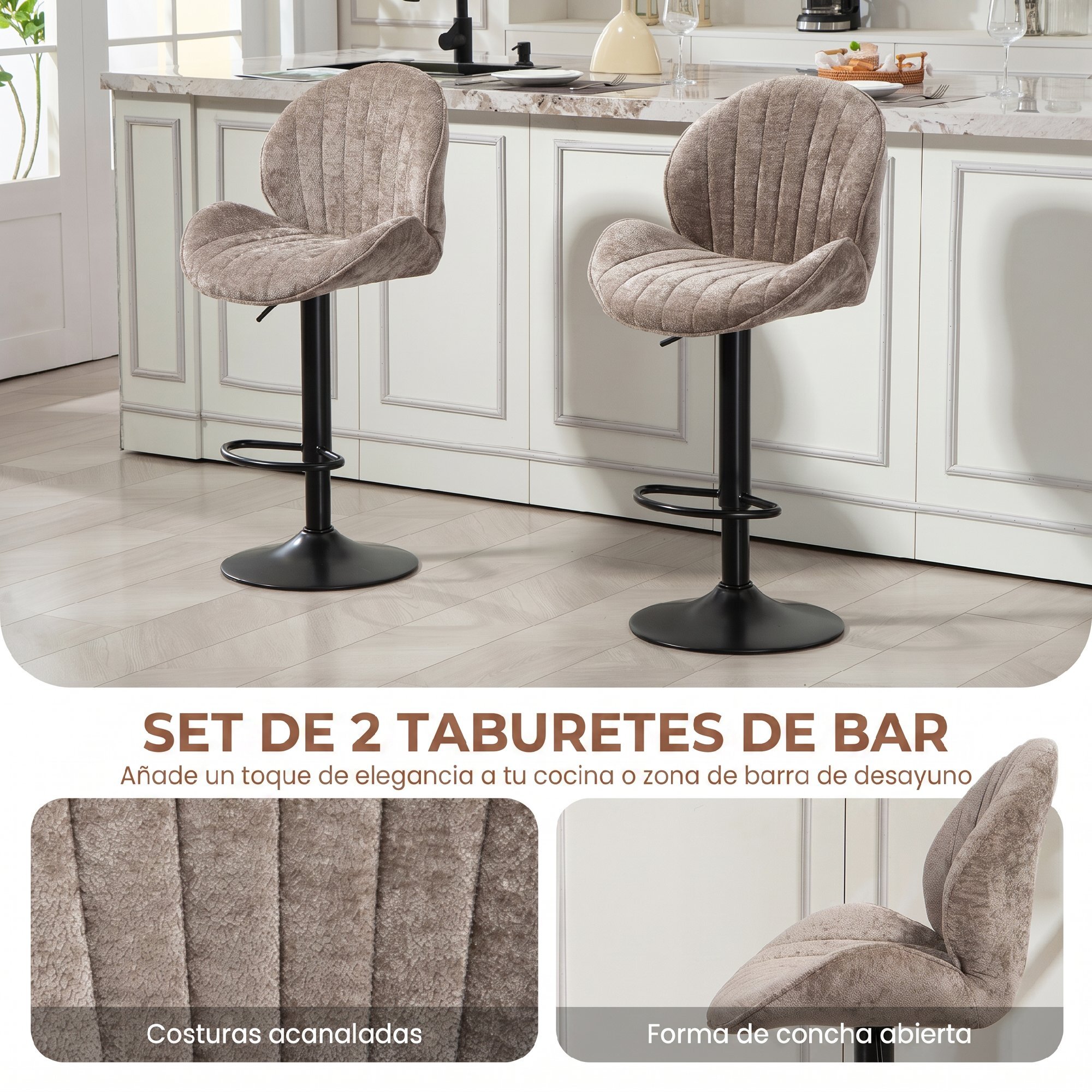 HOMCOM Juego de 2 Taburetes de Bar Giratorios, Taburetes Altos de Cocina con Altura Ajustable 62-83 cm, Sillas Altas de Cocina, Tapizada en Chenilla, Respaldo y Reposapiés, Marco de Acero, Marrón Moca