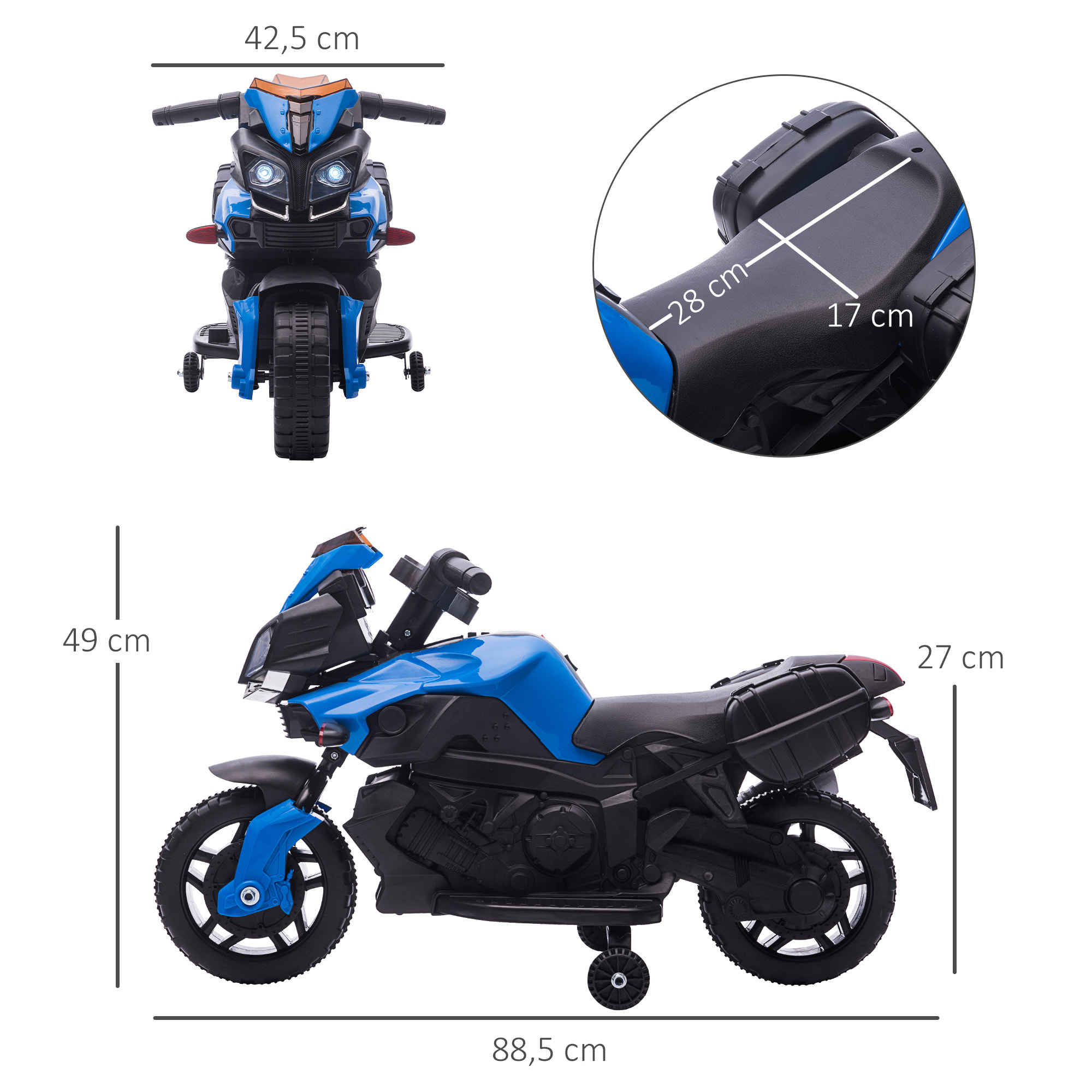 Moto électrique enfant 6 V 3 Km/h effet lumineux et sonore roulettes amovibles repose-pied valises latérales métal PP bleu noir