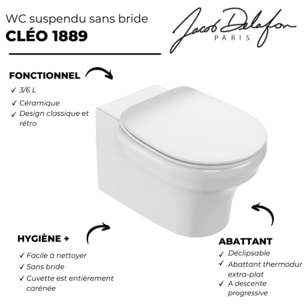 Pack WC suspendu sans bride à économie d'eau Cléo 1889 +  abattant + bâti-support + plaque rectangle chromé