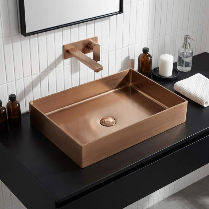 Vasque à poser rectangulaire en inox 55 x 38 cm - or rosé brossé - sans trop-plein - bonde incluse - SAT Aurum