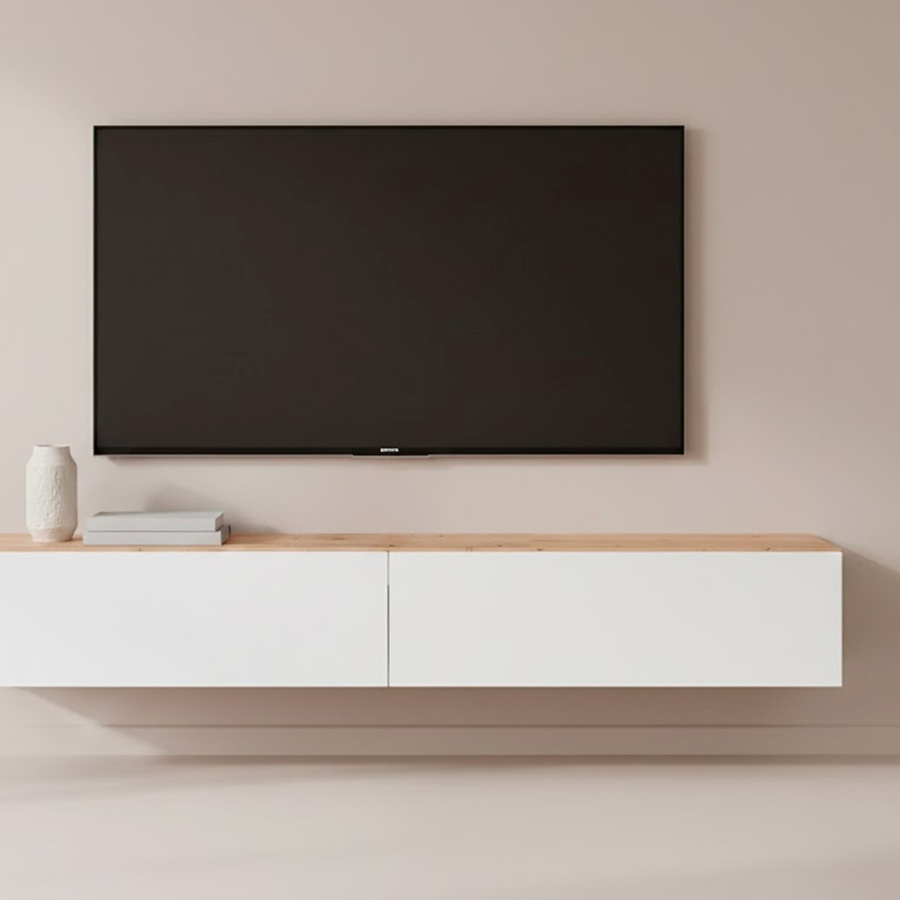 Mobile TV Sospeso Da 180 Cm Parete Attrezzata Con 2 Ante Push Porta TV Moderno In Pannelli Melaminici E1 180 x 34,5 x 28 Cm Rovere E Bianco Opaco