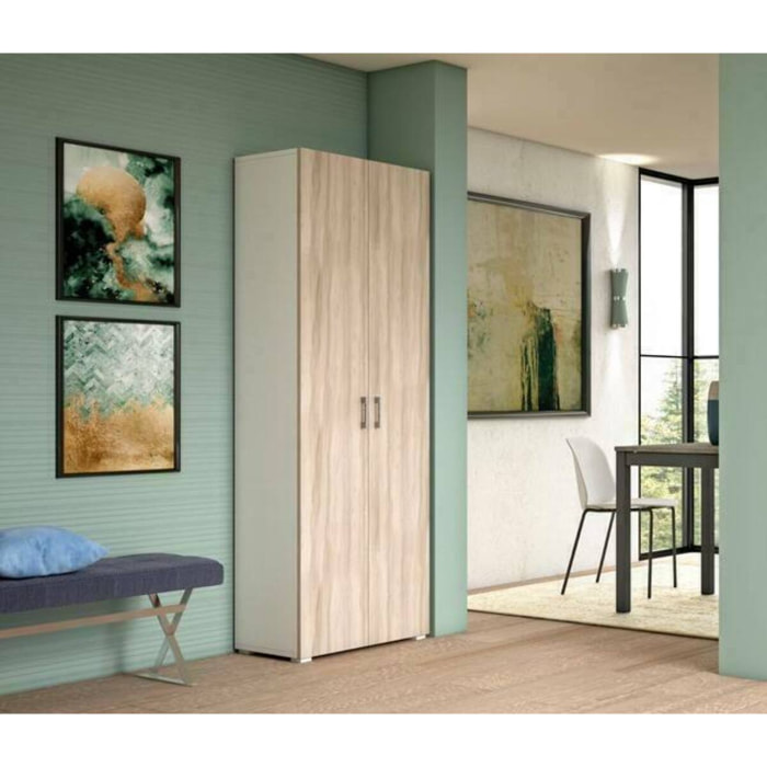 Armadio multiuso Angy, Mobile lineare a 2 Ante battenti, Guardaroba a 6 ripiani, Scarpiera moderna, 100% Made in Italy, 72x37h195 cm, Olmo e Bianco