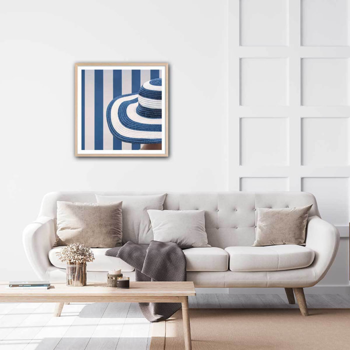 Poster rayure azur Affiche + cadre en bois - Chêne
