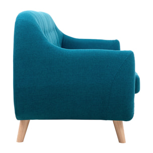 Canapé scandinave déhoussable 3 places en tissu bleu canard et bois clair YNOK