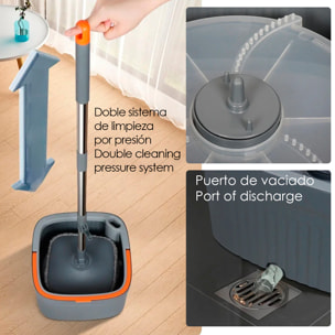 Mocio rotante con secchio di separazione dell'acqua pulita e sporca, sistema a mani libere e testa a 360°. Adatto per pulizia a secco e umido.