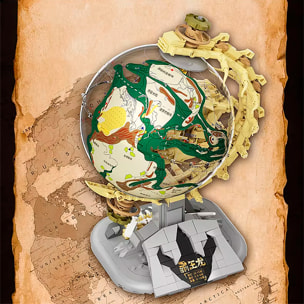 Maqueta educativa 1:8 de dinosaurio T.rex y globo terrestre prehistórico, con rotación 360°, luces y bloques para armar.