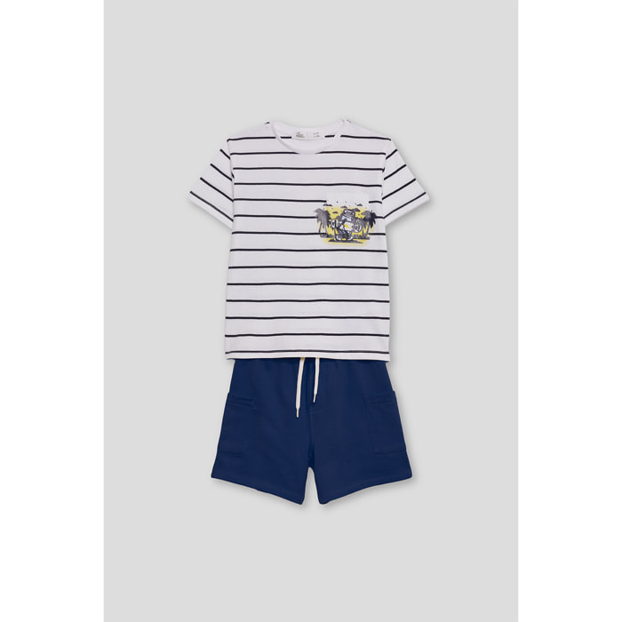 Conjunto Niño Verano 2 Piezas Camiseta de Rayas Blanca y Azul con Bolsillo Estampado Tropical + Bermuda Azul Marino, Transpirable | Color: Rayas azul | Street Monkey