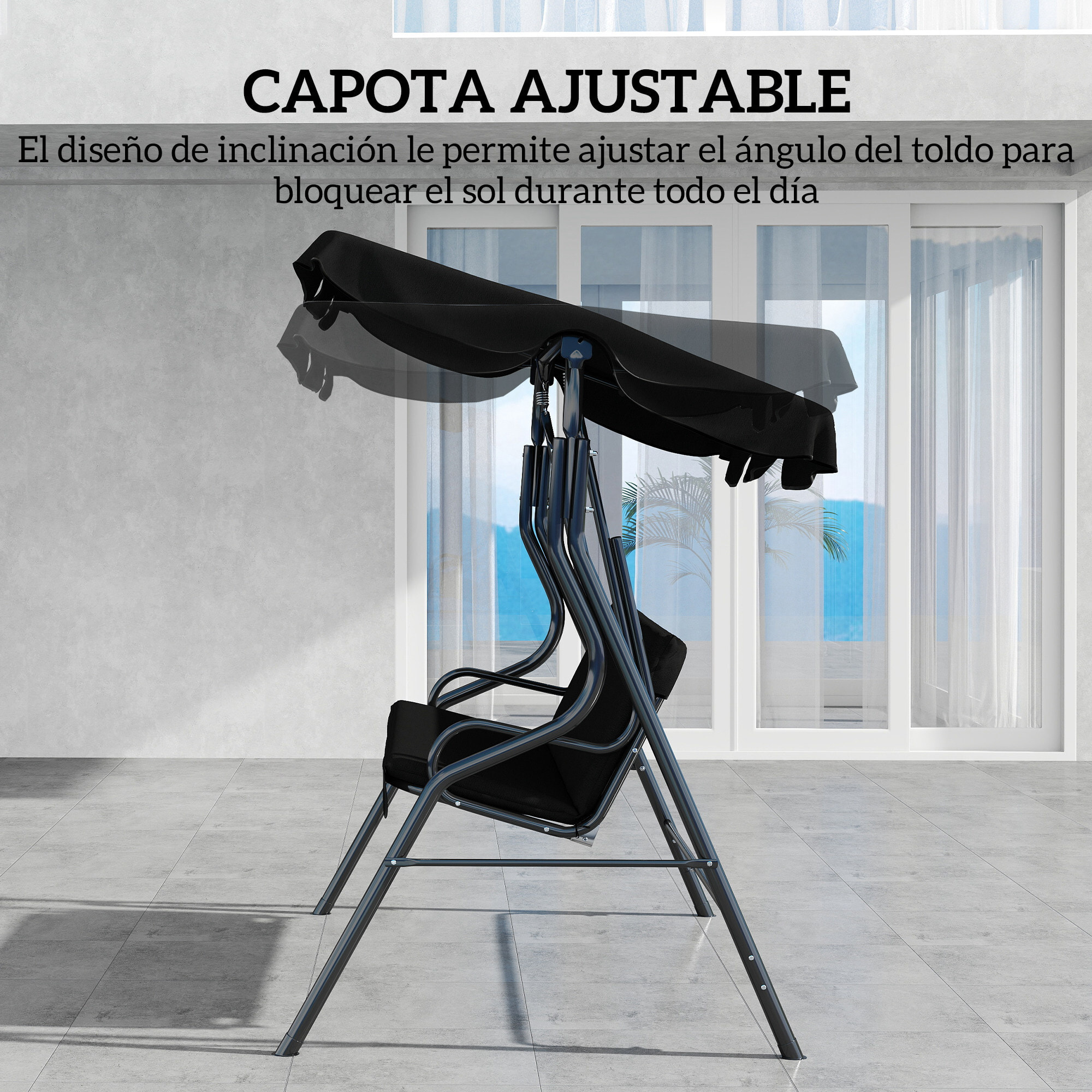 Columpio de Jardín de 2-3 Plazas, Balancín de Exterior con Toldo Ajustable en Ángulo, Impermeable y Marco de Acero, para Patio, Balcón, 170x110x153 cm, Negro