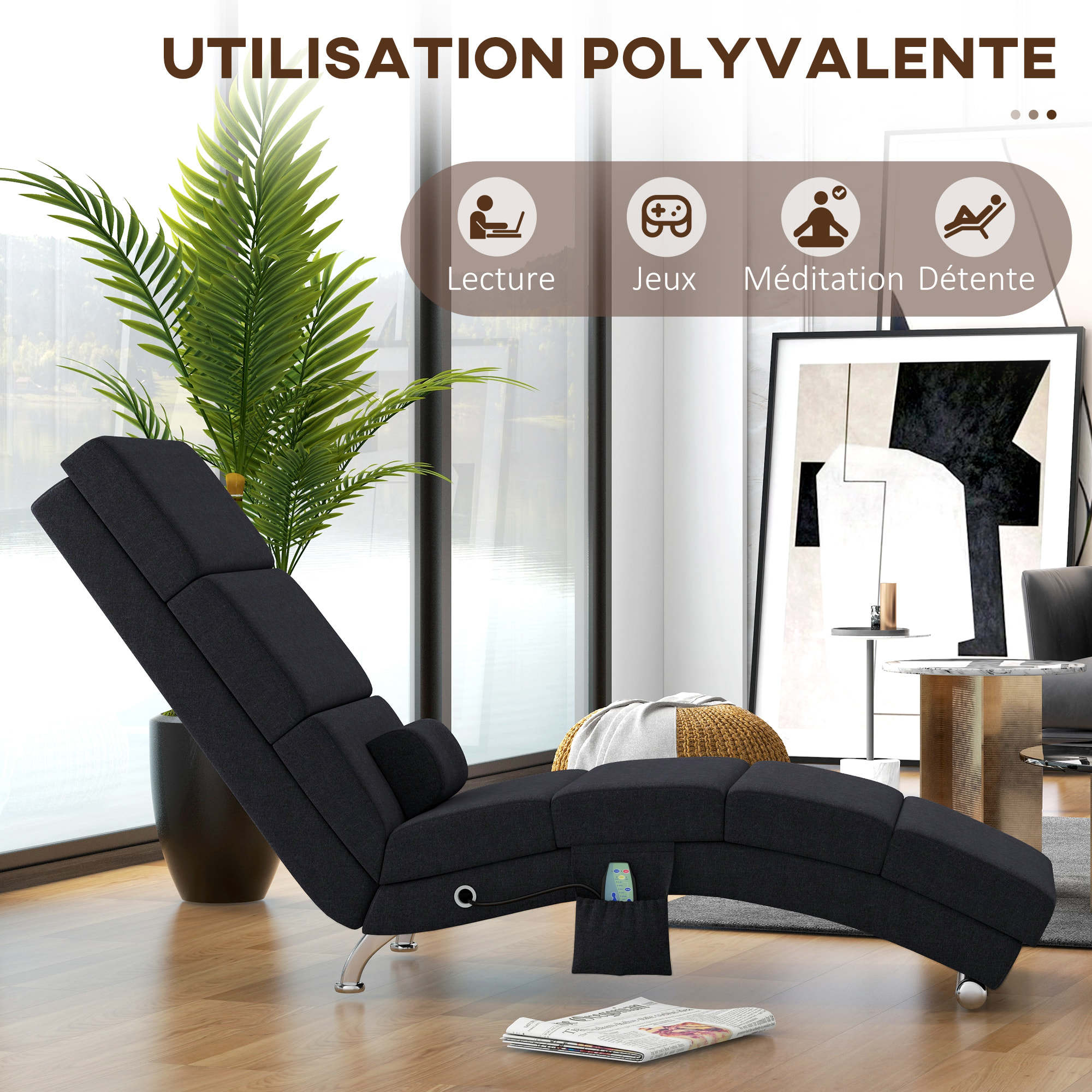 Fauteuil relax massant chauffant design contemporain - chaise longue d'intérieur - piètement métal chromé tissu noir