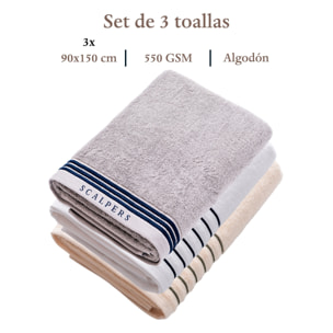 Set de 3 toallas de ducha (150x90), 100% algodón, 470 gsm, en colores gris, blanco y beige con raya verde, scalpers home