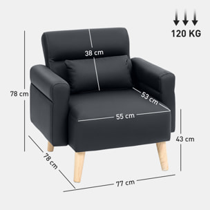 Sillón de Salón Tapizado en Cuero Sintético Butaca de Salón de 77 cm con Reposabrazos Acolchado Grueso Respaldo Acanalado y Patas de Madera para Dormitorio Sala de Estar Negro