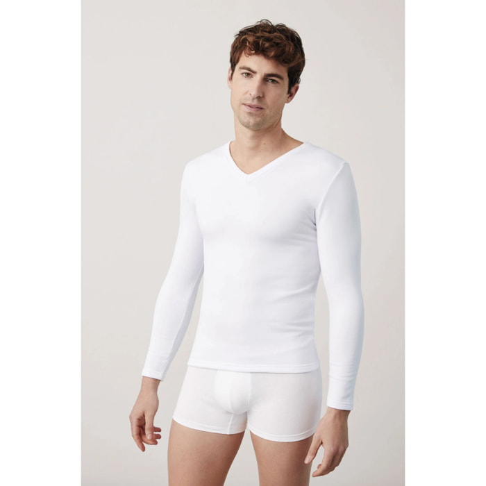Maglia termica a maniche lunghe con scollo a V, bianca