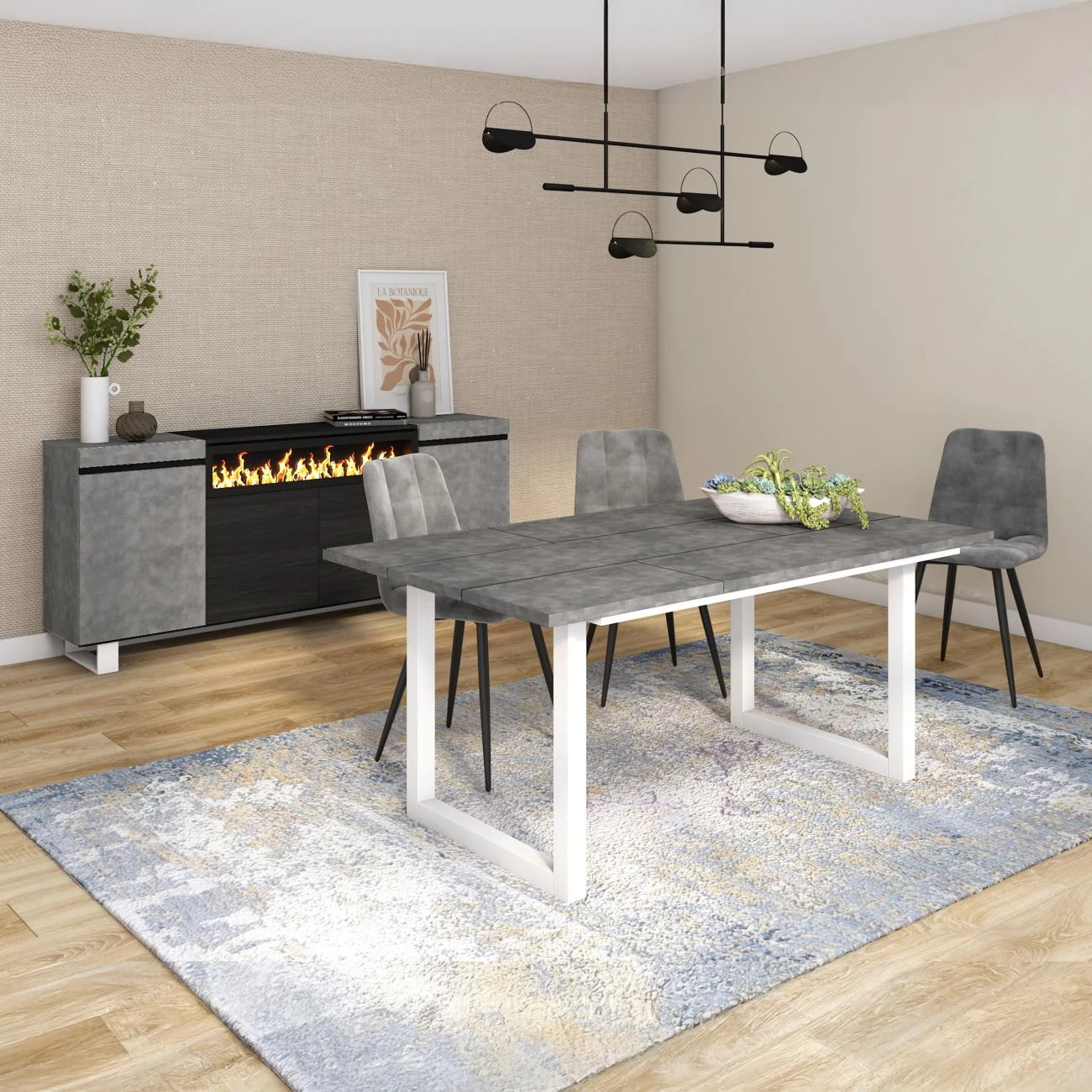 Mesa de comedor de estilo industrial en cementoy blanco 167x90 cm Altea Cemento Blanco