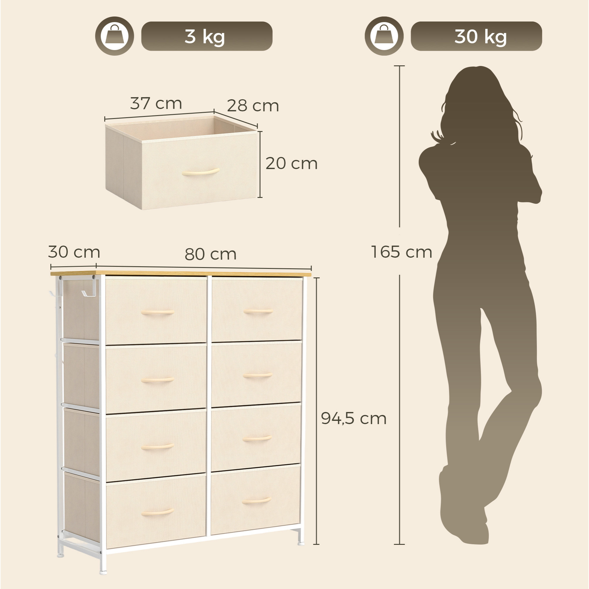 Cajonera de Tela Alta Cómoda con 8 Cajones 4 Bolsillos Laterales 2 Ganchos y Estructura de Acero Cómoda para Dormitorio Sala de Estar Pasillo Beige
