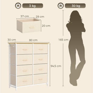 Cajonera de Tela Alta Cómoda con 8 Cajones 4 Bolsillos Laterales 2 Ganchos y Estructura de Acero Cómoda para Dormitorio Sala de Estar Pasillo Beige
