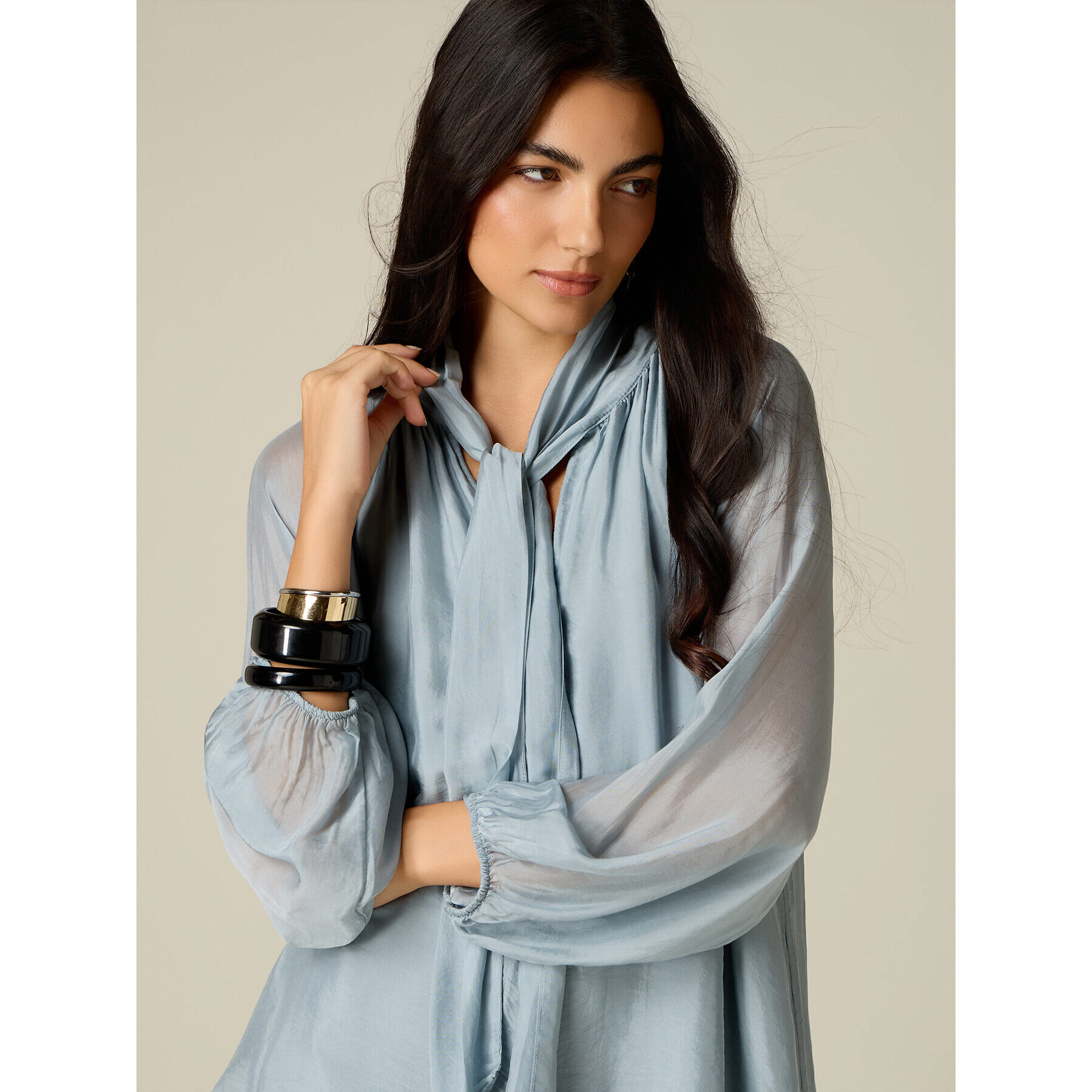 Oltre - Blusa in voile misto seta con fiocco - Azzurro