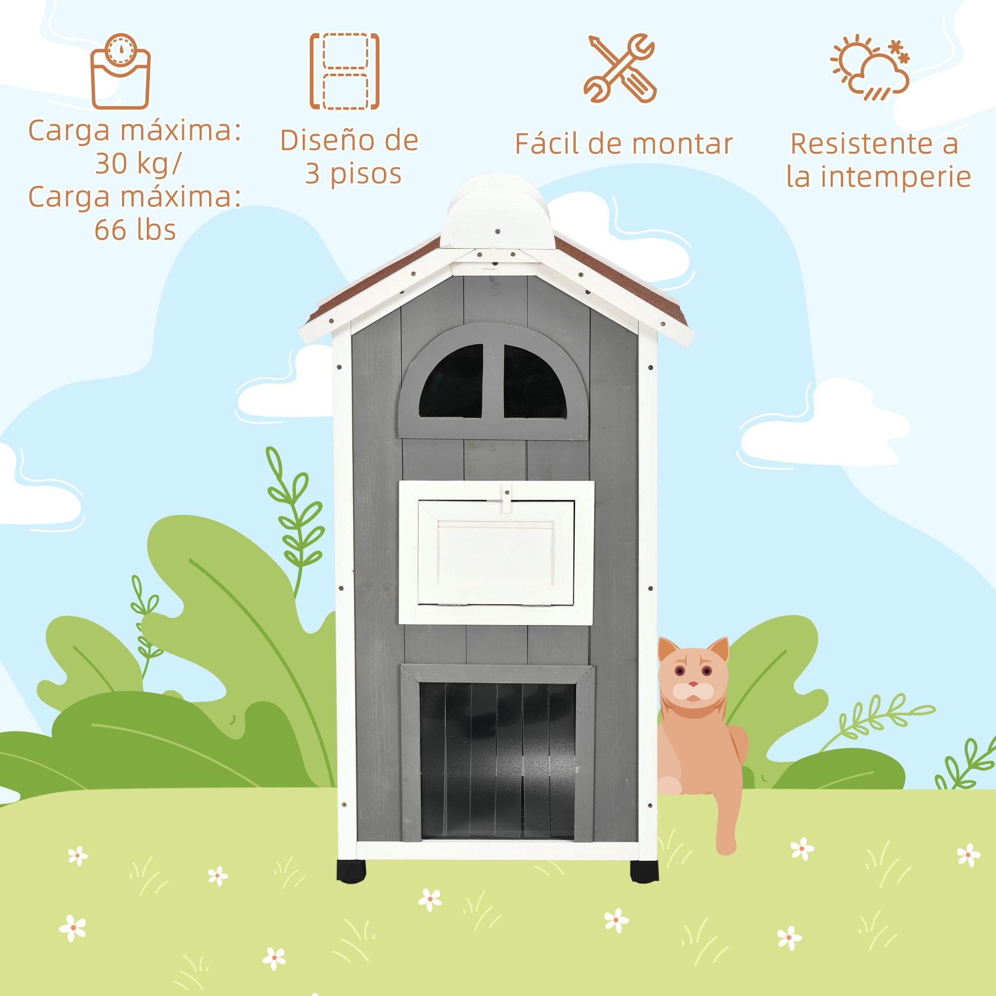 Casa para Gatos de Madera 59x55x109 cm Caseta para Gatos de 3 Niveles Refugio para Gatos con Techo Asfáltico Plataformas y Escalera para Exterior Gris