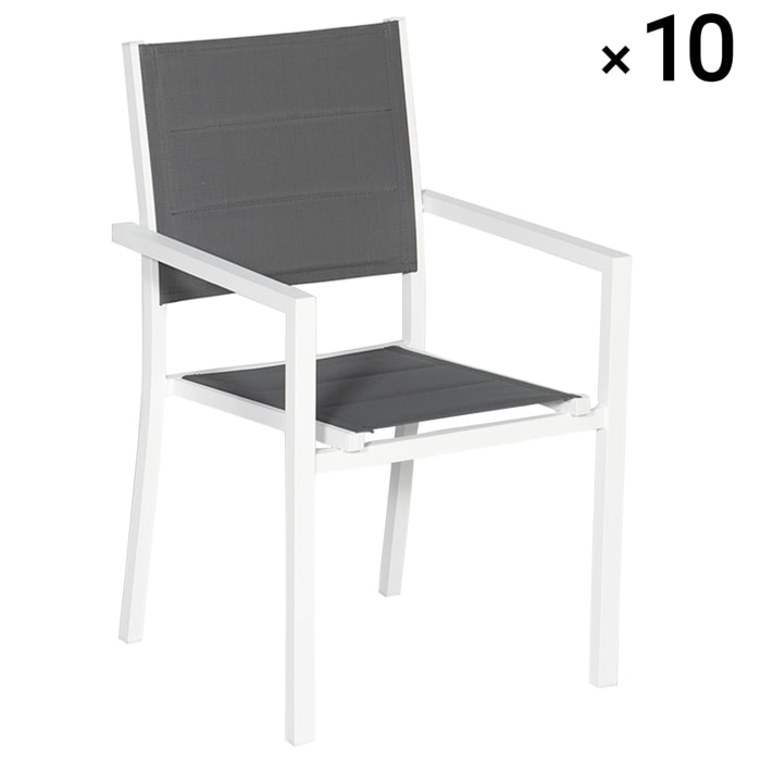 Lot de 10 chaises rembourrées en aluminium blanc - textilène gris