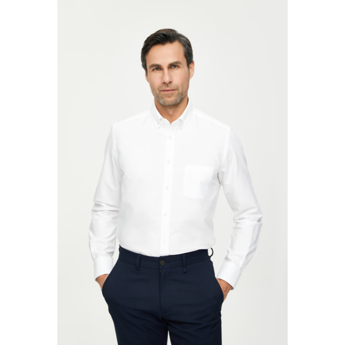 Camicia Uomo 1 Bottone Button Down Slim Oxford Lavato Unito Bianco