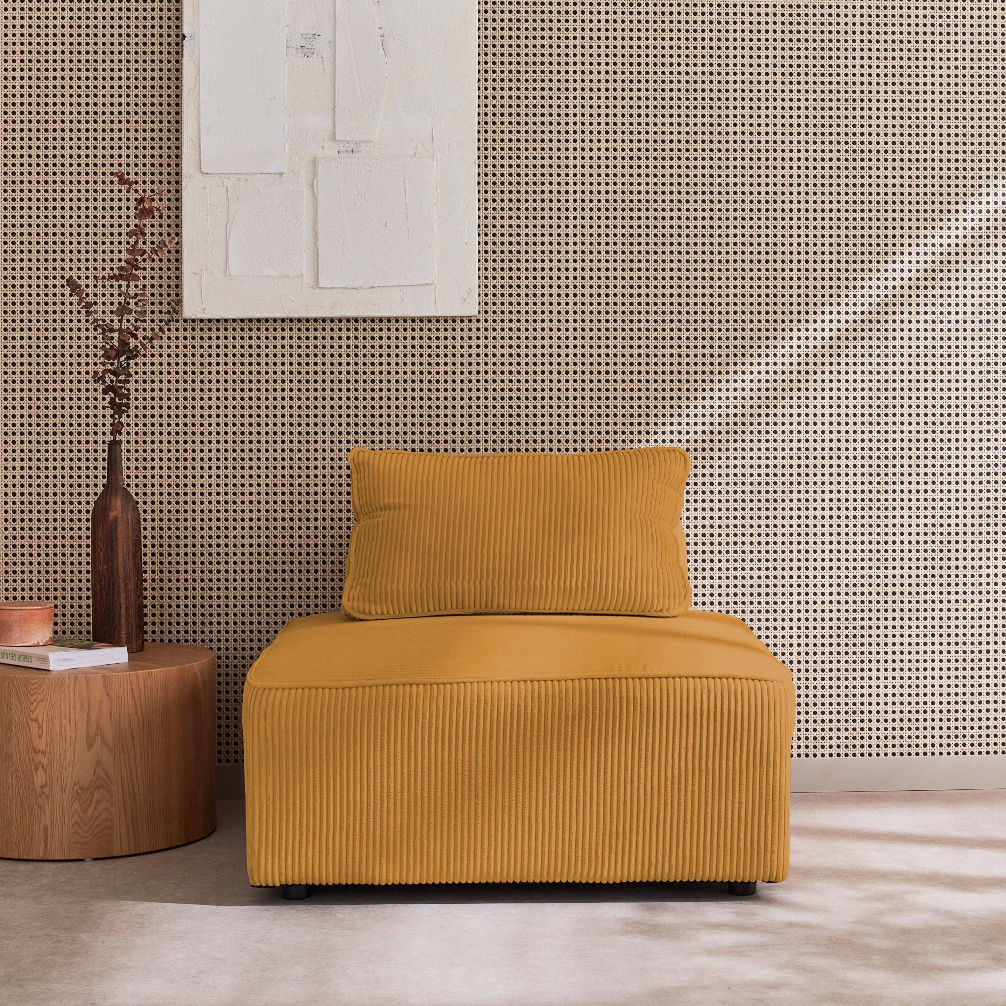 Chauffeuse  pour canapé modulable velours côtelé moutarde avec un coussin