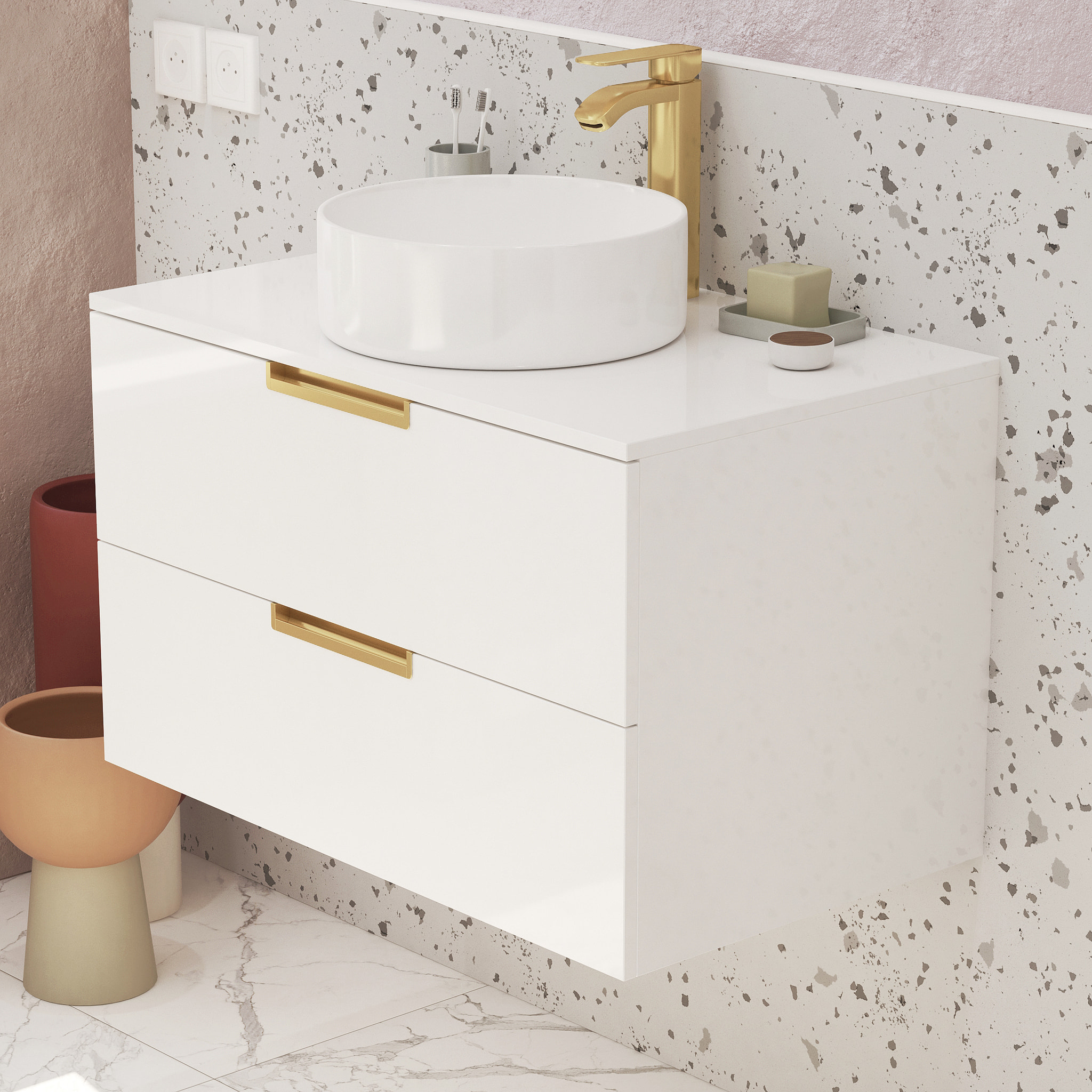 Meuble Salle de Bains 80 cm Laqué Blanc et Or Doré - 2 Tiroirs - Vasque Ronde à Poser Blanche