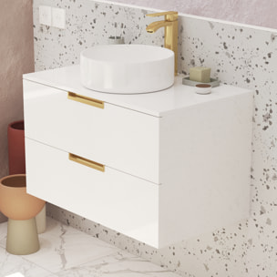 Meuble Salle de Bains 80 cm Laqué Blanc et Or Doré - 2 Tiroirs - Vasque Ronde à Poser Blanche