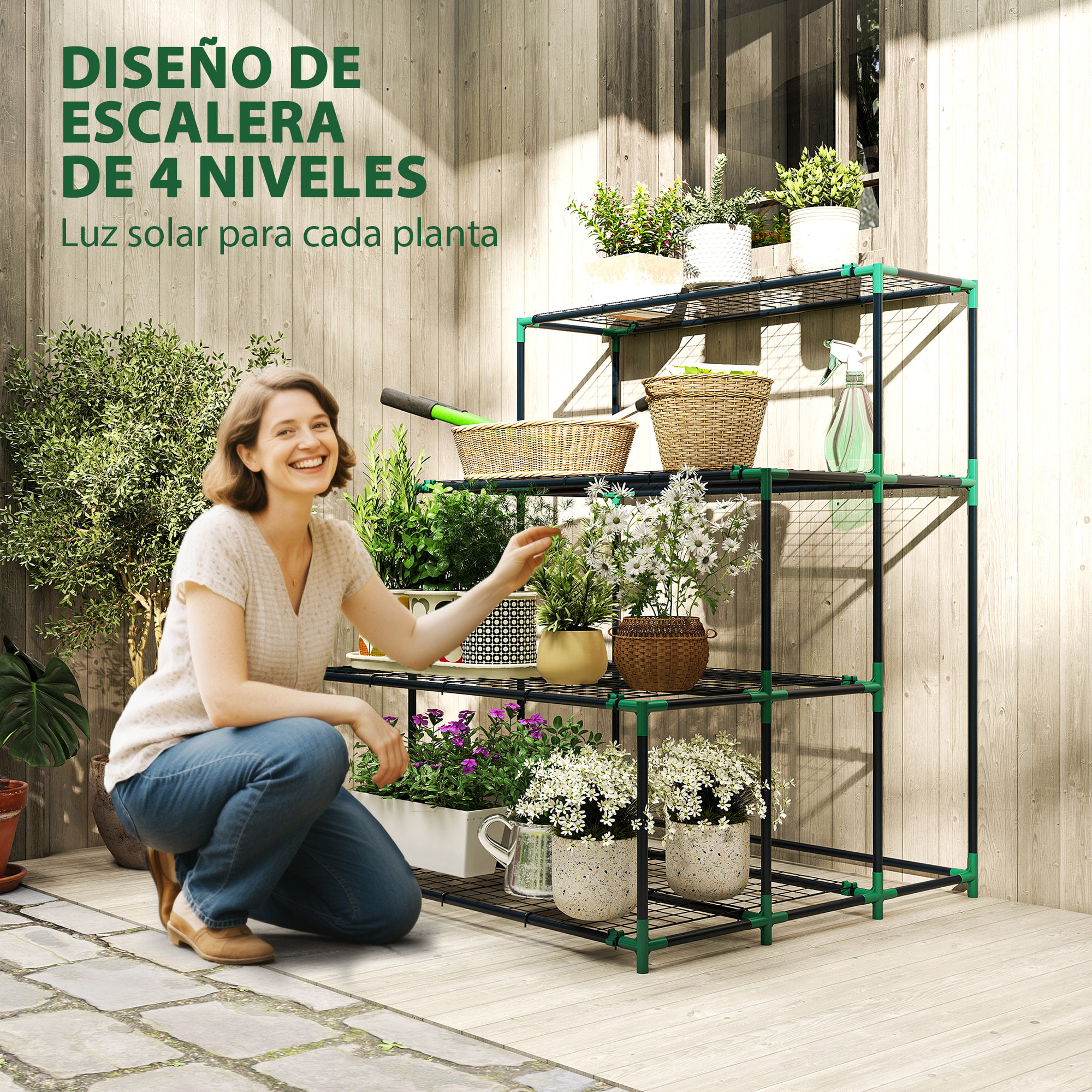 Soporte para Plantas de 4 Niveles, Estantería para Plantas de Acero, Diseño en Escalera, Soporte para Macetas para Interior y Exterior, Jardín, Balcón y Patio, 94x84x110 cm, Verde Oscuro